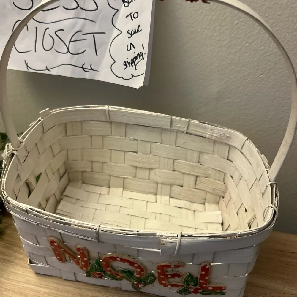 Vintage White Woven Noel Basket with Red Green Accents